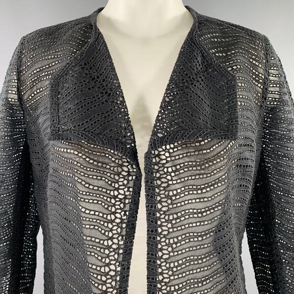 AKRIS Size 6 Black Cotton Eyelet Open Front Jacket Blazer - Picture 2 of 7